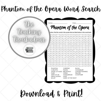 Phantom of the Opera Wordsearch by The Teaching Troubadour TPT