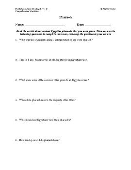 Preview of Pharaoh Article (Reading Level 2) Comprehension Worksheet