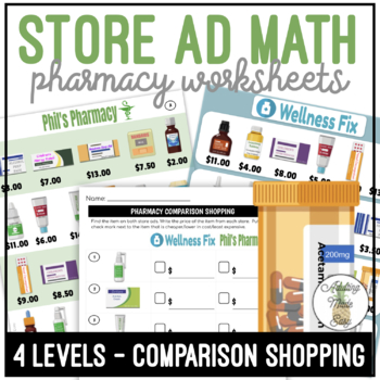 Preview of Pharmacy Store Ad Math Comparison Shopping Worksheets