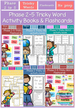 Preview of Phase 2-5 tricky word activity books & flashcards included