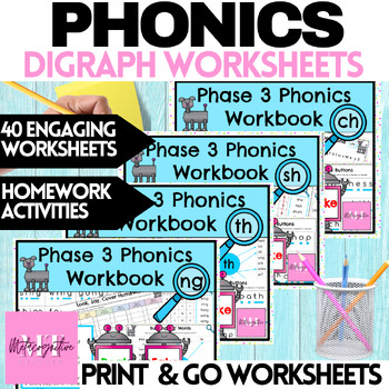 Preview of Phase 3 Consonant Digraph Phonics Worksheets Bundle TH, SH, NG, CH
