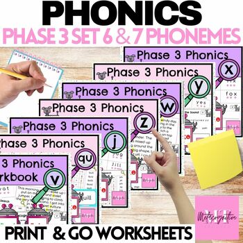 Preview of Phase 3 Set 6 & 7 Phonics Worksheets Bundle J V W X Z Y QU