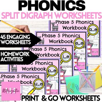 Preview of Long Vowels Silent e Split Digraph Phonics Worksheets Bundle