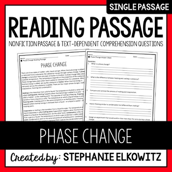 Preview of Phase Change (Thermal Energy and Heat) Reading Passage | Printable & Digital