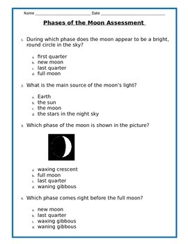 Preview of Phases of the Moon Assessment - 4th Grade Science