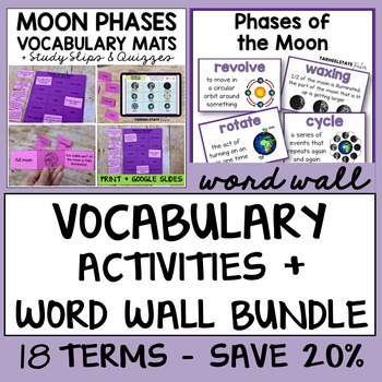 Preview of Phases of the Moon Definitions Vocabulary Activities for Moon Phases w Word Wall
