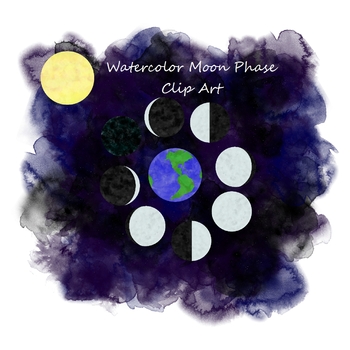 Preview of Phases of the Moon Watercolor Clip Art Set for Commercial Use