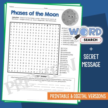 Preview of Phases of the Moon Word Search Puzzle Vocabulary Worksheet Review Activity