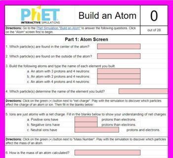 Preview of Phet- Build an Atom worksheet *SELF GRADING* google sheet