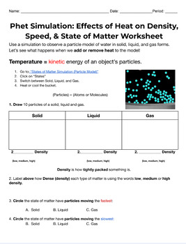 Preview of Phet Simulation: Effects of Heat on Density, Speed, & State of Matter Worksheet