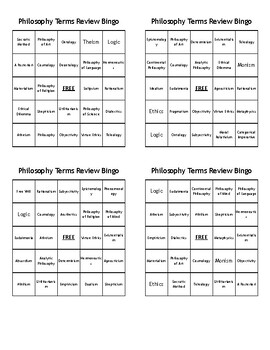 Preview of Philosophy Terms Review Bingo - (100) Different Cards - Print, Cut, & Play!