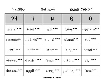 Preview of Phingo! Suffixes (BINGO) Game PHONICS