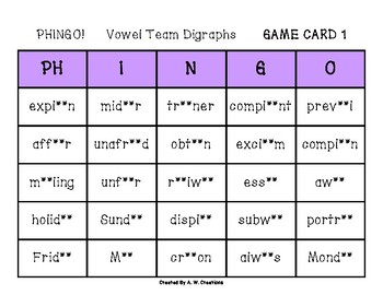 Preview of Phingo! Vowel Team Digraphs (BINGO) Game PHONICS