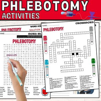 Preview of Phlebotomy Fun Worksheets,Puzzles,Wordsearch & Crosswords