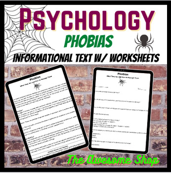 Preview of Phobias Informational Text W/worksheets Psychology & Health, Emergency Sub Plans