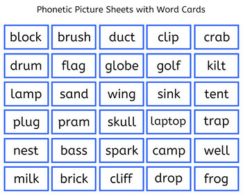 Phonetic Picture Sheets with Word Cards - Montessori Blue Language Series