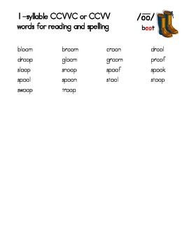 Phonetically-Controlled Words for long oo (boot) - Orton-Gillingham