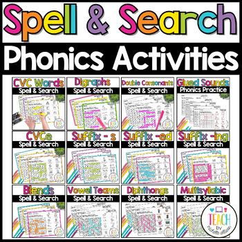 Preview of Phonics Word Search - CVC words, Digraphs, Glued Sounds, Silent E, Blends, etc.