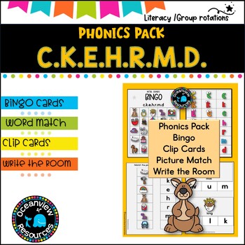 Preview of Phonics Bingo, peg cards, write the room, word match, worksheets C K E H R M D
