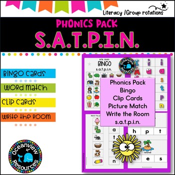 Preview of Phonics Bingo, peg cards, write the room, word match, worksheets S A T P I N