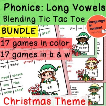 Preview of Phonics Blending Tic Tac Toe - Long Vowels Bundle - Christmas Theme