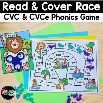 Preview of Phonics Board Game CVC and VCE Zoo Themed Center Activity Spin Read and Cover