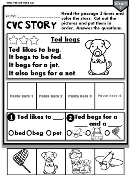Phonics CVC Short Vowels Story Sequence for Kindergarten and First Grade