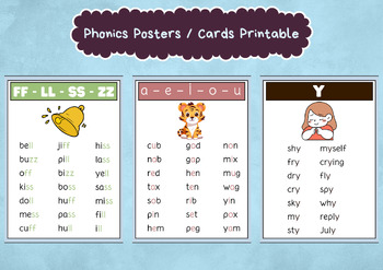 Preview of Phonics Cards Printable, Phonics Posters, Sight Words, Learn to Read,