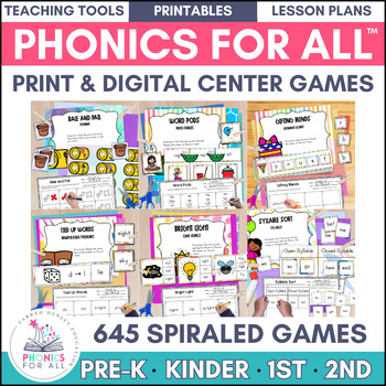 Preview of Phonics Centers Print & Digital Games for PreK, Kindergarten, 1st, & 2nd Grade