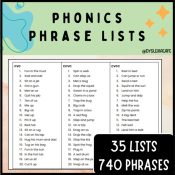 Preview of Phonics Decodable Reading Fluency Phrases List (740 PHRASES, 35 LISTS)