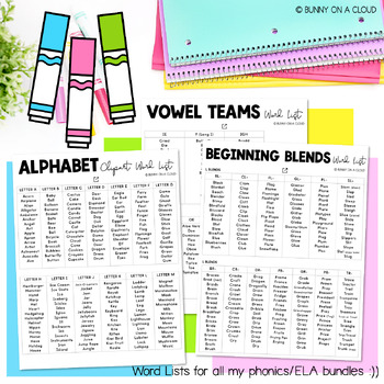 Preview of Phonics/ELA Clipart Word Lists by Bunny On A Cloud