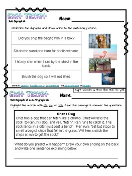 Preview of Phonics Exit Tickets - Passage & Sentences Freebie digraphs ck, sh, ch + tch