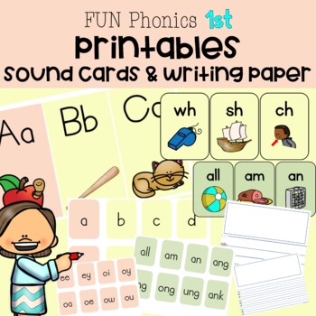 Preview of FUN Phonics Printables CARDS 1st Level 1 LARGE & SMALL Cards, Writing paper