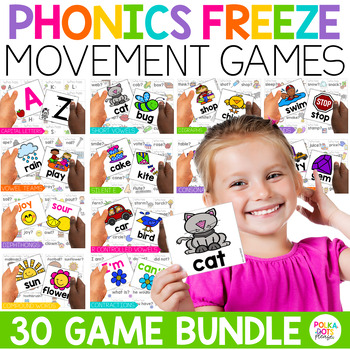Preview of Phonics Games & Worksheets Bundle | FREEZE Movement Games | Brain Breaks