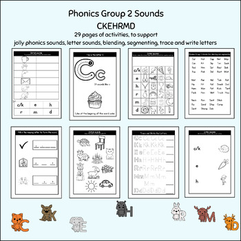 Preview of Phonics Group 2 CKEHRMD worksheets, jolly phonics, initial sounds, cvc words