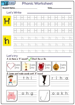 Phonics Letter H WORKSHEET and ACTIVITIES Lesson 12 by exemplary4home