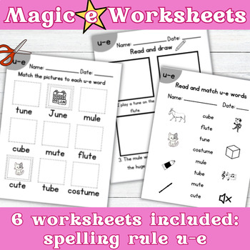 Preview of Magic e Worksheets | Phonics CVCe | long vowel  u-e | Literacy activities