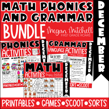 Preview of Phonics, Math, & Grammar Centers, Games, Sorts, Scoots, Bundle December