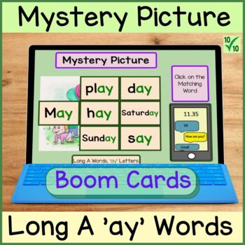 Preview of Phonics Mystery Picture Long A ay Words Interactive Boom Cards Online Learning