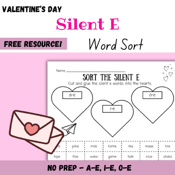Preview of Phonics No Prep Valentine's Day Silent E Word Sort Activity