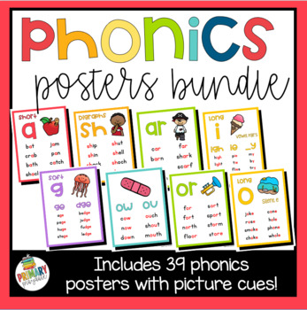 Preview of Phonics Poster Bundle with Short Vowels Long Vowels Digraphs Diphthongs