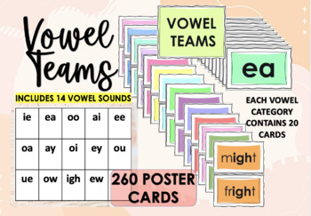 Phonics Posters - 14 Vowel Teams 260 Cards - ie, ea, oo, oa, ay, oi, ue ...