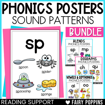 Preview of Phonics Posters Cards BUNDLE - Blends, Digraphs, Vowels, Diphthongs & more!