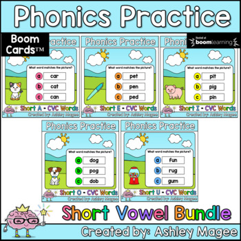 Preview of Phonics Practice Short Vowels CVC Words Boom Cards Bundle Digital Learning