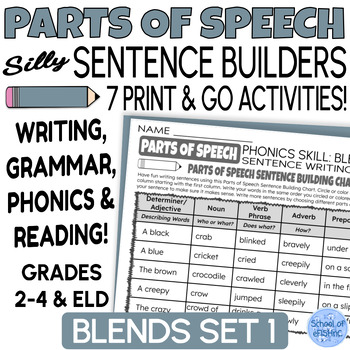 Preview of Parts of Speech Sentence Building Writing Worksheets PHONICS | BLENDS Set 7