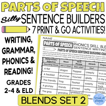 Preview of Parts of Speech Sentence Building Writing Worksheets PHONICS | BLENDS Set 8