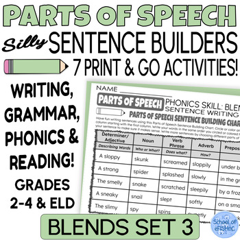 Preview of Parts of Speech Silly Sentence Building Writing Worksheets PHONICS | BLENDS # 9