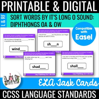Preview of Phonics Set 2 Printable Task Cards: OA & OW- COMPATIBLE WITH EASEL