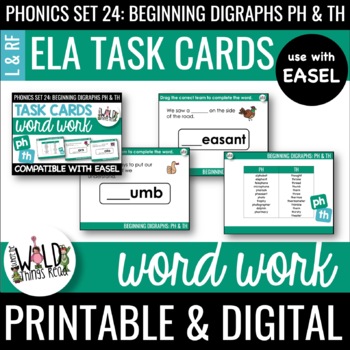 Preview of Phonics Set 24 Printable Task Cards Compatible with Easel: Digraphs ph & th