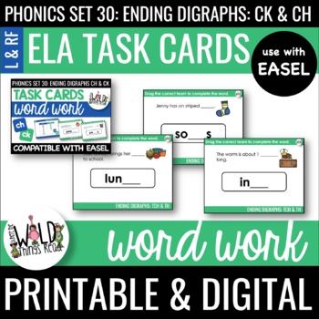 Preview of Phonics Set 30 Printable Task Cards Compatible with Easel: CH & CK